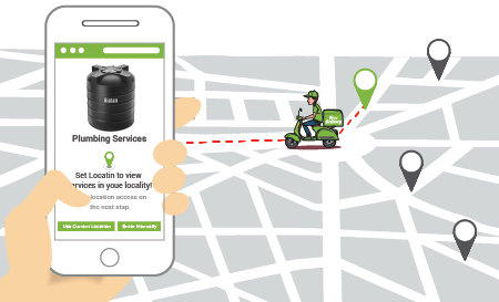 Hyperlocal ecommerce mobile app showing Google map & a servicing agent riding to offer home services at the pinned location.